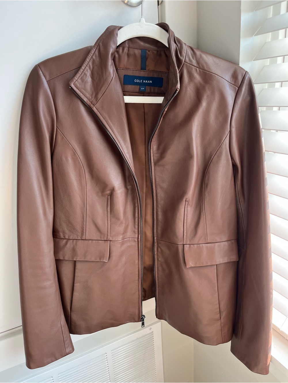 Cole Haan Wing Collar Genuine Lambskin Leather Jacket Hickory Size Small
